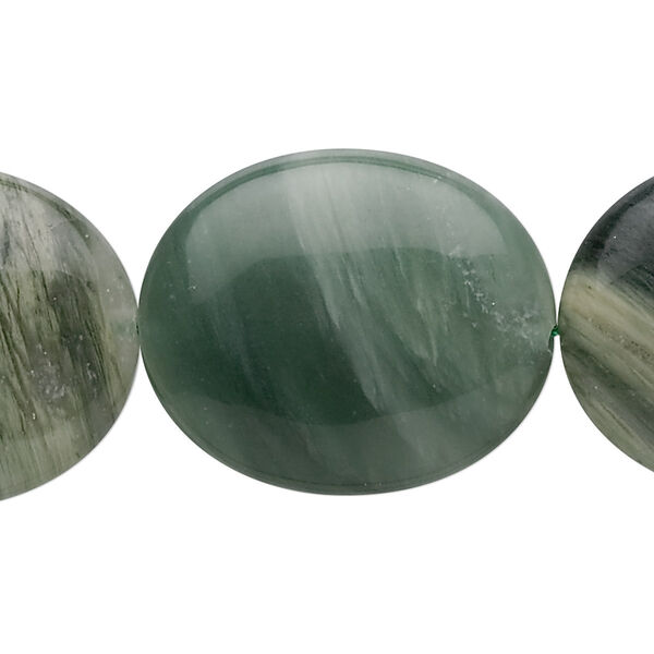Bead, green line jasper (natural), 30x25mm oval, B grade, Mohs hardness 6-1/2 to 7. Sold per 8-inch strand, approximately 5 beads. image number 0