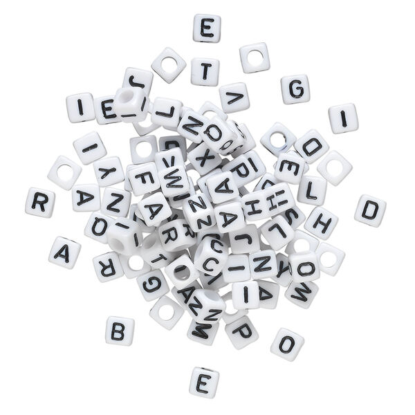 Bead mix, acrylic, opaque white and black, 6mm cube with alphabet letters. Sold per pkg of 100. image number 1