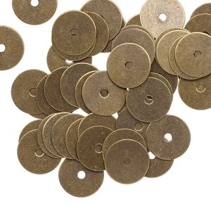 Washer, brass, 9.5mm double-sided flat round blank with 1.5mm hole. Sold per pkg of 50.