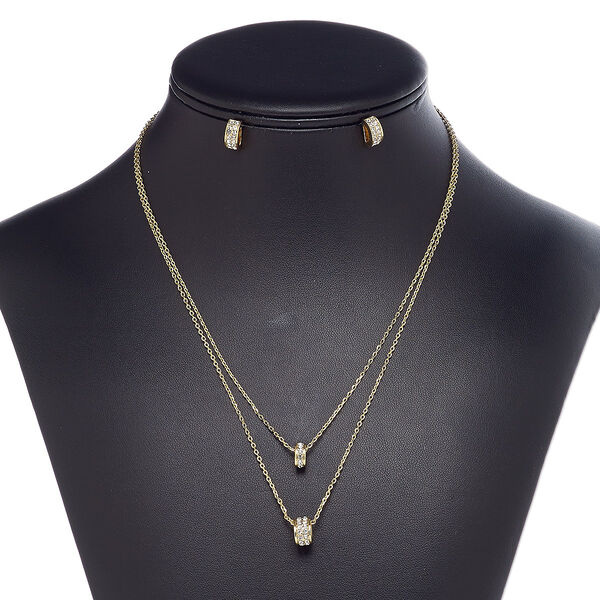 Necklace and earring set, 2-strand, glass rhinestone / gold-finished steel / brass / "pewter" (zinc-based alloy), clear, 8x6mm and 10x6mm oval rondelle, 18-inch necklace with 2-inch extender chain and lobster claw clasp, 11x5mm oval rondelle with post. Sold per set. image number 0