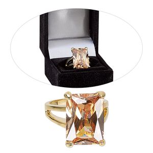 Ring, cubic zirconia and gold-finished brass, champagne, 19.5mm rectangle, size 8. Sold individually.