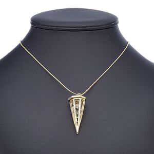 Necklace, glass with gold-finished steel and "pewter" (zinc-based alloy), 46x20mm spike with cutout, 30 inches with 2-inch extender chain and lobster claw clasp. Sold individually.