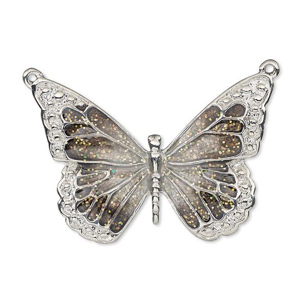 Focal, enamel and imitation rhodium-plated "pewter" (zinc-based alloy), black and clear with glitter, 35x25mm single-sided butterfly. Sold individually. image number 0