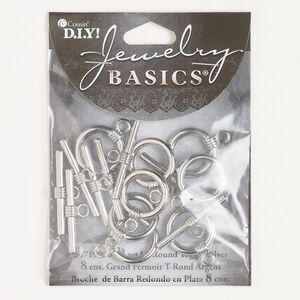 Clasp toggle 1pkg8, 18mm round, silver-finished brass 1-strand
