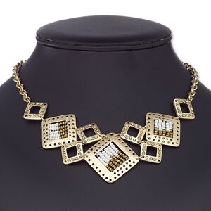 Necklace, glass rhinestone / glass / gold-coated plastic / gold-finished steel / "pewter" (zinc-based alloy), white and gold, square, 16 inches with 2-1/2 inch extender chain and lobster claw clasp. Sold individually.