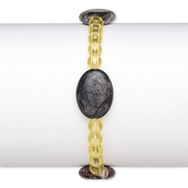 Bracelet, stretch, multi-marble (natural) and acrylic, yellow, 5mm round and 20x15mm puffed oval, 6-1/2 inches. Sold individually. image number 0