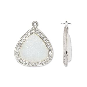 Drop, white druzy agate / white topaz (natural) / sterling silver, 20x20mm single-sided teardrop. Sold individually.