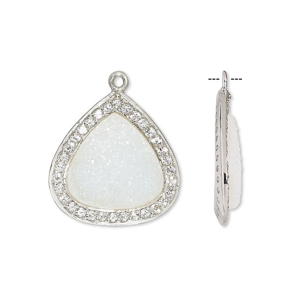 Drop, white druzy agate / white topaz (natural) / sterling silver, 20x20mm single-sided teardrop. Sold individually. image number 0