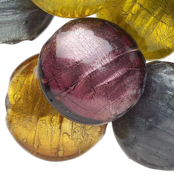 Bead mix 20pk mother-of-pearl shell, 26-28mm double-drilled puffed flat round, opaque mixed colors with silver-colored foil image number 0