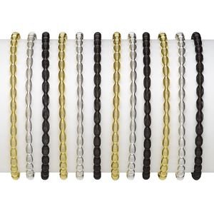 Bracelet, stretch, steel / gold-finished steel / silver-plated steel, black, 4mm wide with oval design, 7 inches. Sold per pkg of 12.