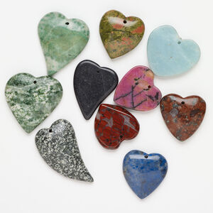 Multi-gemstone 1pkg10, top-drilled puffed / flat heart, drop mix 25x25mm-44x28mm
