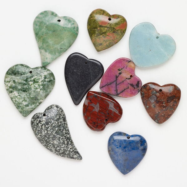 Multi-gemstone 1pkg10, top-drilled puffed / flat heart, drop mix 25x25mm-44x28mm image number 0
