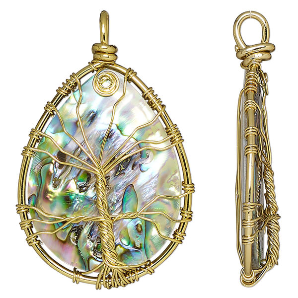 Pendant, abalone shell (natural) and gold-finished brass, 55x35mm-57x36mm single-sided flat teardrop with tree of life design. Sold individually. image number 0