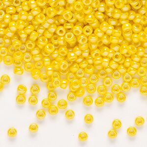 Seed bead, Miyuki, glass, pkg/50g, #8 rocaille, opaque rainbow canary (RR-472D).