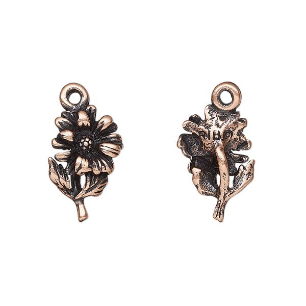 Charm, antique copper-plated pewter (tin-based alloy), 17x12mm single-sided sunflower. Sold per pkg of 2. image number 0