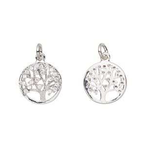 Charm, cubic zirconia and silver-plated brass, clear, 13mm single-sided tree of life with 5mm jump ring. Sold per pkg of 2.