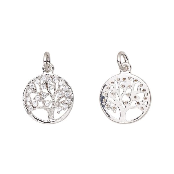 Charm, cubic zirconia and silver-plated brass, clear, 13mm single-sided tree of life with 5mm jump ring. Sold per pkg of 2. image number 0