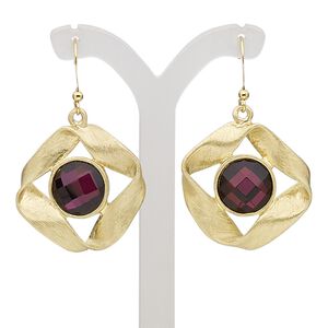 Earring, glass with gold-finished brass and "pewter" (zinc-based alloy), purple, 45mm with scratched diamond and fishhook ear wire. Sold per pair.