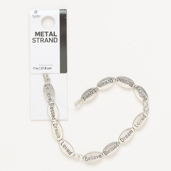 Bead, antique silver-finished "pewter" (zinc-based alloy), 14x8mm double-sided flat oval with "believe"/ "blessed"/ "dream" / "loved". Sold per 7-inch strand, approximately 10 beads. image number 0