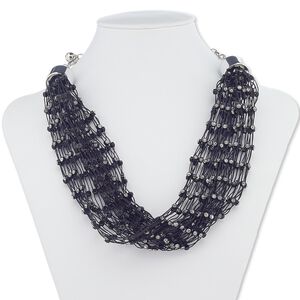 Necklace, acrylic / glass rhinestone / silver-coated plastic / silver-finished steel, black and clear, 20mm wide, 15 inches with 5-1/2 inch extender chain and lobster claw clasp. Sold individually.