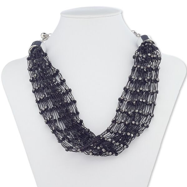 Necklace, acrylic / glass rhinestone / silver-coated plastic / silver-finished steel, black and clear, 20mm wide, 15 inches with 5-1/2 inch extender chain and lobster claw clasp. Sold individually. image number 0