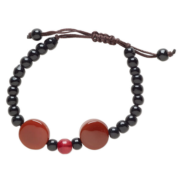 Red agate / glass / waxed cotton 1pkg1, puffed flat round bracelet adjustable 5-7.5 inch 8mm image number 0