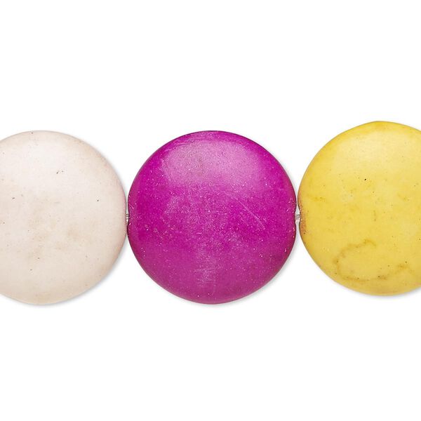 Bead, "howlite" (resin) (imitation), mixed colors, 17-18mm puffed flat round. Sold per 8-inch strand. image number 0