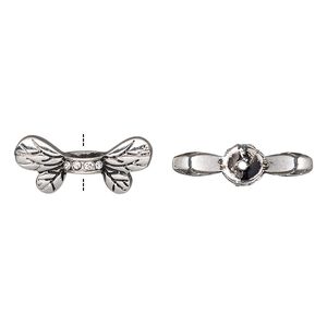 Bead, glass rhinestone and antique silver-finished "pewter" (zinc-based alloy), clear, 22x9.5mm bee wings. Sold per pkg of 2.