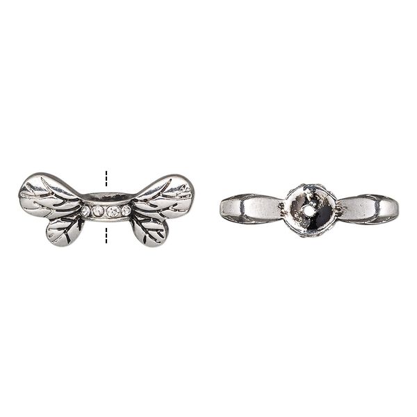 Bead, glass rhinestone and antique silver-finished "pewter" (zinc-based alloy), clear, 22x9.5mm bee wings. Sold per pkg of 2. image number 0