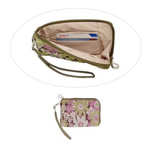 Wallet, silk damask with silver-plated steel and "pewter" (zinc-based alloy), brown / green / purple, 6-1/2 x 4-1/4 inch rectangle wristlet with flower design. Sold individually.