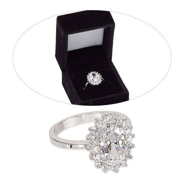 Ring, cubic zirconia and rhodium-finished brass, clear, 17mm fancy oval, size 8. Sold individually. image number 0