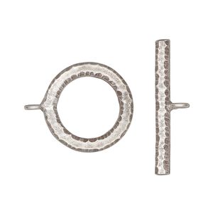 Clasp toggle 1pkg1 sterling silver, 18mm hammered round, antiqued 1-strand