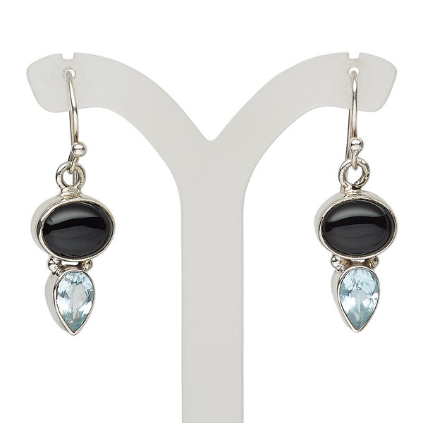 Earring, black onyx (dyed) / sky blue topaz (irradiated) / sterling silver, 33mm with fishhook ear wire, 21 gauge. Sold per pair. image number 0