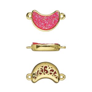 Link, Druzylite™, "druzy" (resin) and gold-finished brass, hot pink, 14x10mm two-sided moon with open filigree back. Sold per pkg of 4.