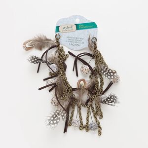 Necklace component, feather (natural) / leather (dyed) / antiqued brass-finished steel, brown / white / black, 12-1/2 inches. Sold individually.