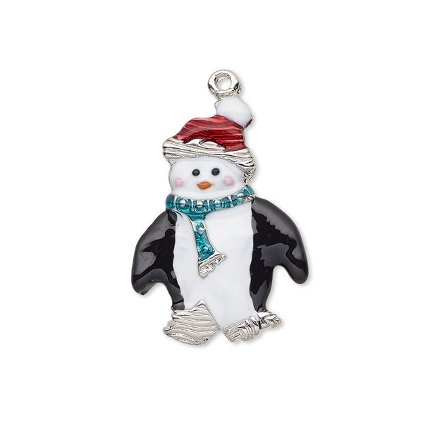 Charm, enamel and silver-plated "pewter" (zinc-based alloy), multicolored, 26x19mm single-sided penguin with Christmas hat and scarf. Sold individually. image number 0