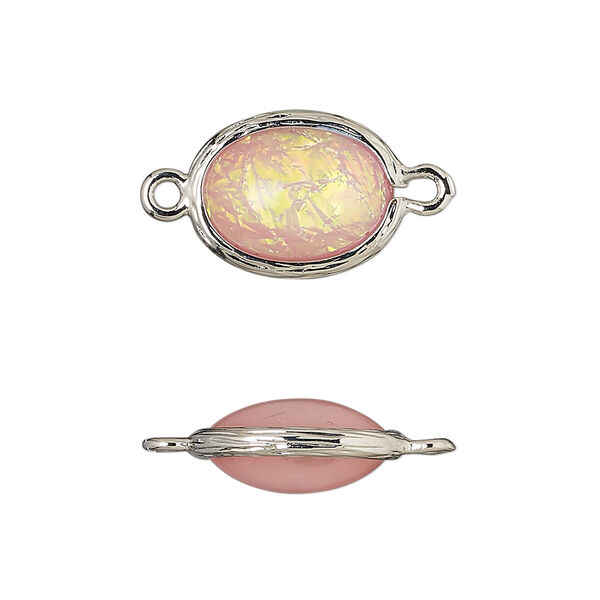 Link, Opalized Ice™, "opal" (resin) and imitation rhodium-finished brass, opaque light pink, 16x12mm double-sided oval .Sold per pkg of 4. image number 0