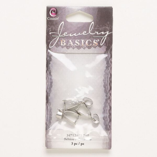 Bail, ice-pick, brass, pkg/3, silver finish, 11x5mm teardrop with 8mm grip length. image number 0
