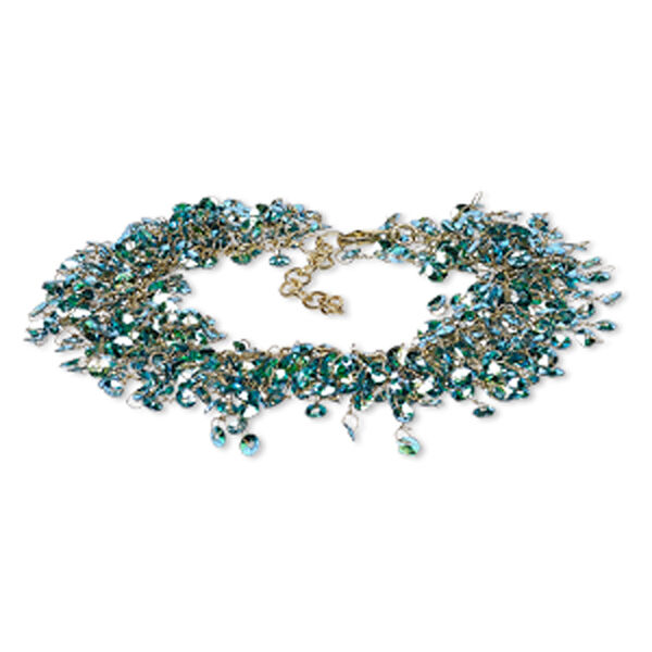Bracelet, acrylic sequin with gold-finished brass and steel, metallic blue and green, 20mm wide with 4mm round, 7-1/2 inches with 1-1/2 inch extender chain and lobster claw clasp. Sold individually. image number 0