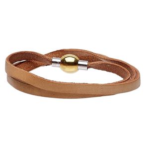 Bracelet, wrap, leather (dyed) / stainless steel / gold-finished stainless steel, natural, 5mm wide, 6-1/2 inches with magnetic clasp. Sold individually.