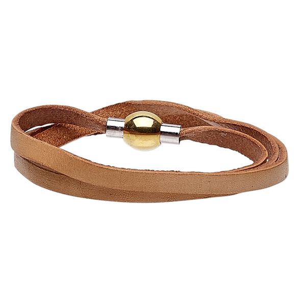 Bracelet, wrap, leather (dyed) / stainless steel / gold-finished stainless steel, natural, 5mm wide, 6-1/2 inches with magnetic clasp. Sold individually. image number 0
