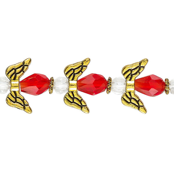 Bead, crystal and antique gold-finished "pewter" (zinc-based alloy), transparent red and clear, 14.5x14mm angel. Sold per pkg of 6. image number 0