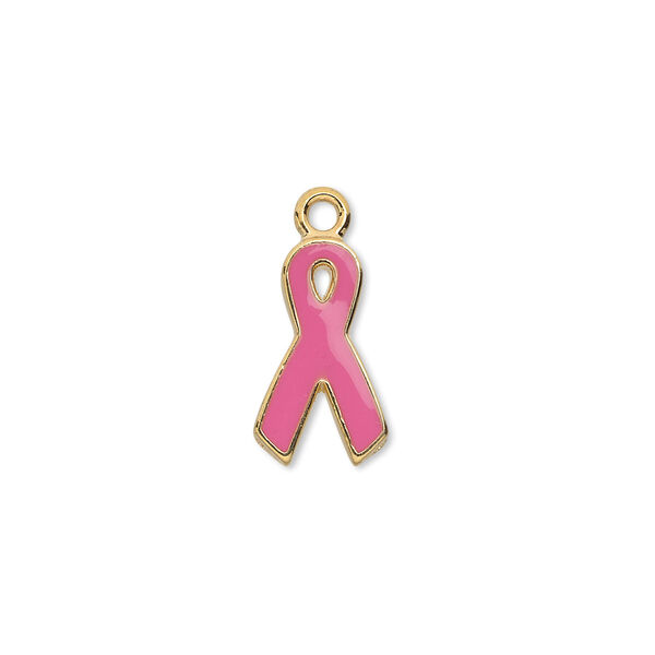 Charm, epoxy and gold-plated aluminum, pink, 15x9mm single-sided awareness ribbon. Sold per pkg of 6. image number 0