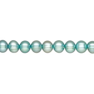 Pearl, cultured freshwater pearl (dyed), teal, 5-7mm semi-round, D grade, Mohs hardness 2-1/2 to 4. Sold per 15" strand, approximately 75 beads.