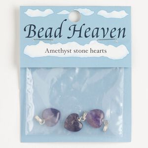 Pendant steel / amethyst 1pkg3 12-14mm puffed heart, silver finish / light to dark natural