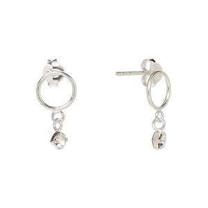 Earstud, Create Compliments®, sterling silver and crystal, clear, 16.5x8.5mm. Sold per pair.