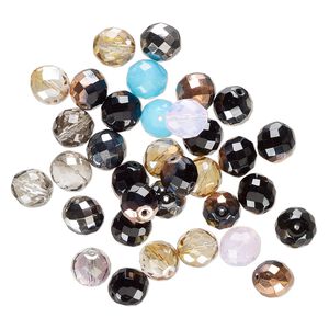 Bead mix, fire-polished glass, opaque to transparent mixed colors, 13-14mm faceted round. Sold per 4-ounce pkg, approximately 30 beads.