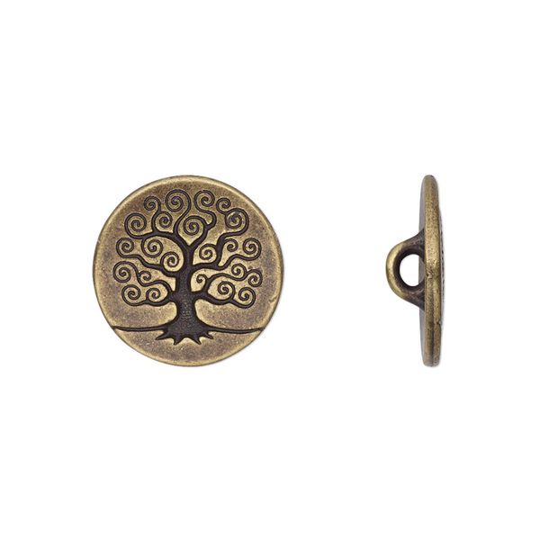 Button, TierraCast®, antique brass-plated pewter (tin-based alloy), 16mm flat round with tree of life and closed loop. Sold per pkg of 2. image number 0