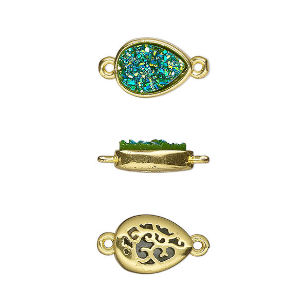 Link, Druzylite™, "druzy" (resin) and gold-finished brass, green, 11.5x8.5mm two-sided teardrop with open filigree back. Sold per pkg of 4. image number 0