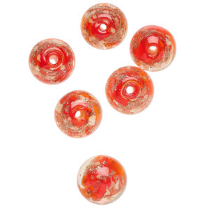 Bead, lampworked glass, clear / red / glow-in-the-dark / gold, 10mm round. Sold per pkg of 6.